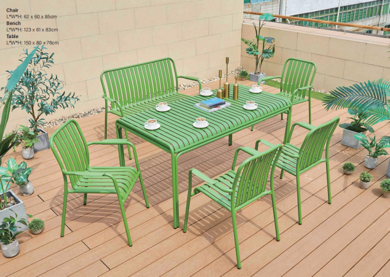 green aluminum slats dining bench table chair